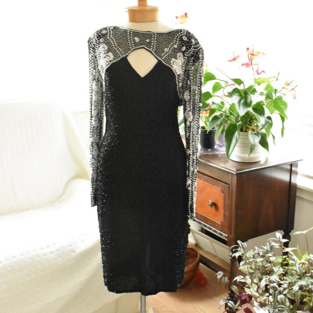 Laurence Kazar Beaded Sheath Dress L Black White Silk Cutout Formal Cocktail